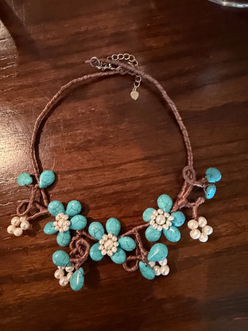 Turquoise and Pearl like Floral Necklace - Turquoise and Cream/White Accents